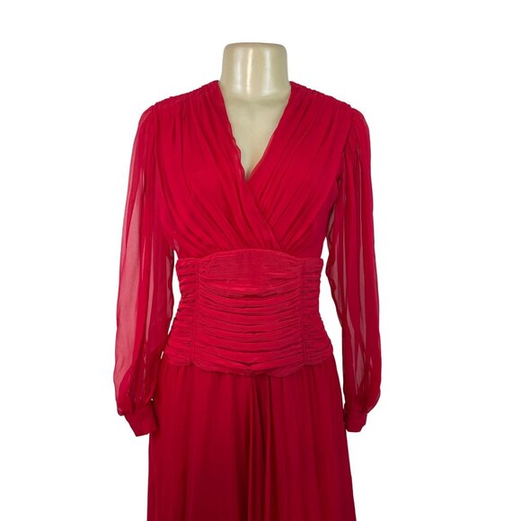 Vintage Red Long-Sleeve Chiffon Dress With Pleated Wrap Bodice Sz 10 - Picture 4 of 10